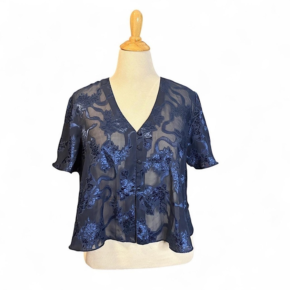 VTG Victoria’s Secret Sheer Burnout Floral Blouse Blue Mesh Button M Fairycore